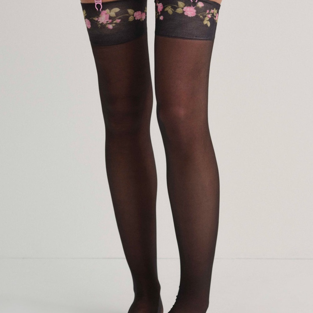 For Love And Lemons Black Rose Vine Thigh-High Socks